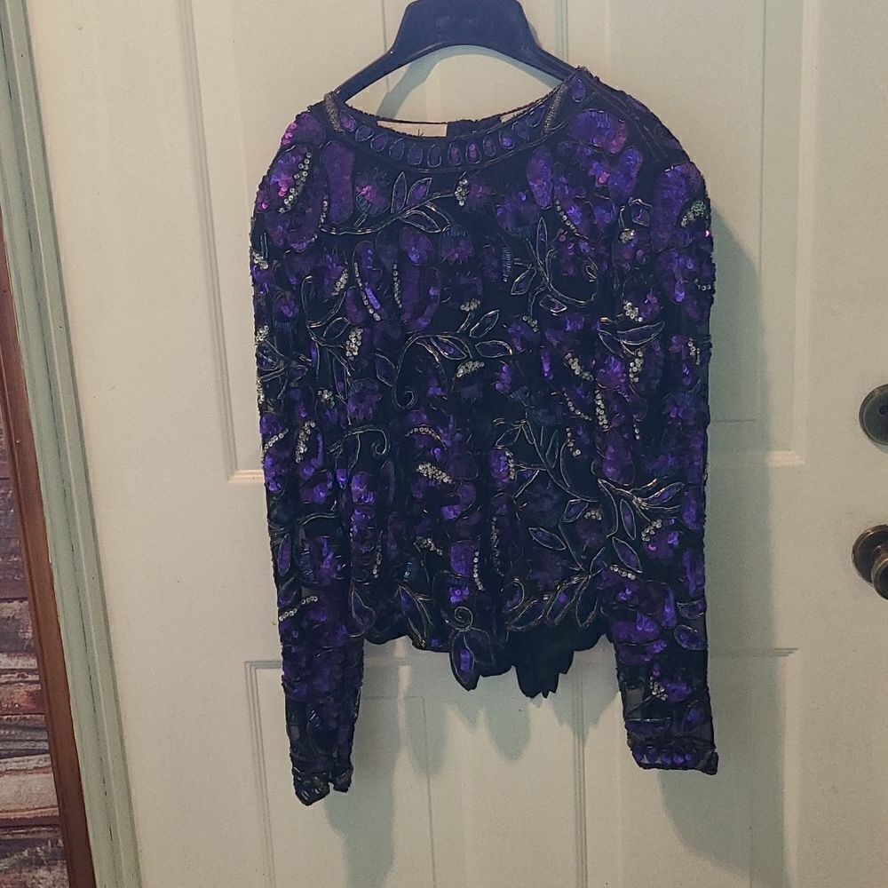 Medium Laurence Kazar of New York Black, Purple and Silver Sequin Silk Top